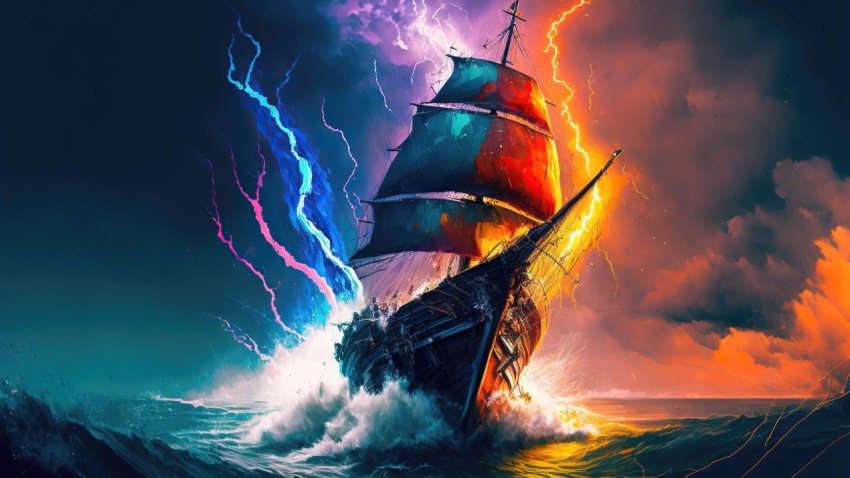 Ocean Ship Colorful Lightning Ai Generated Image_4k HD Wallpaper